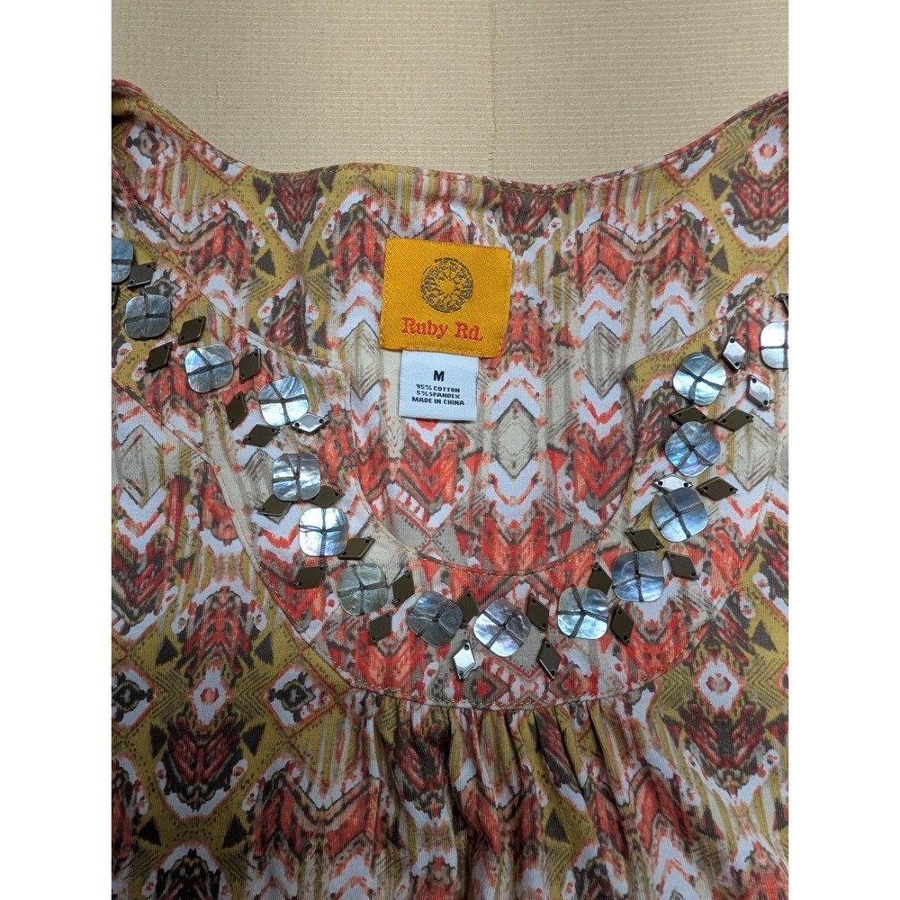 Ruby Rd Women's T Shirt Size M Multi Color Orange Mustard Shell Neckline Boho - Picture 4 of 5